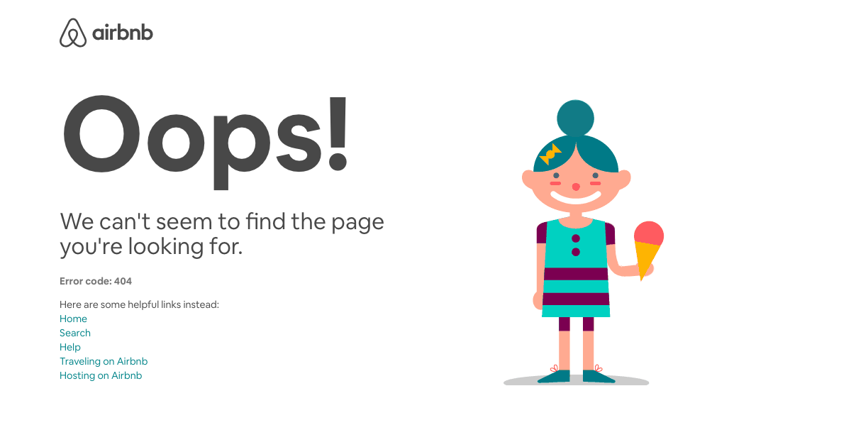 Screenshot della pagina 404 di Airbnb