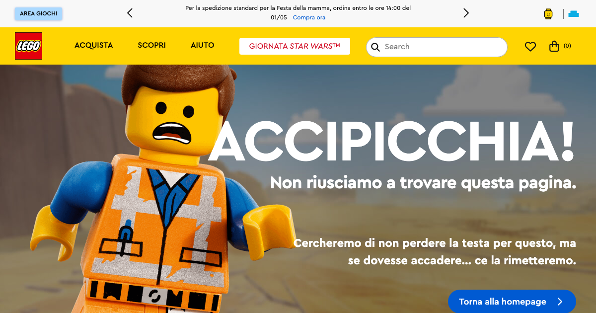 Screenshot della pagina 404 di LEGO