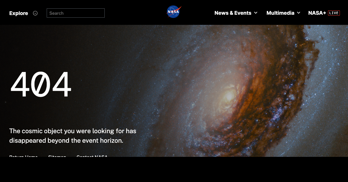 Screenshot della pagina 404 della NASA