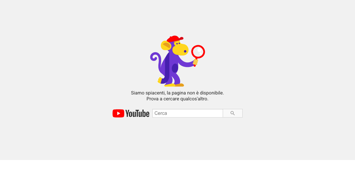 Screenshot della pagina 404 di YouTube