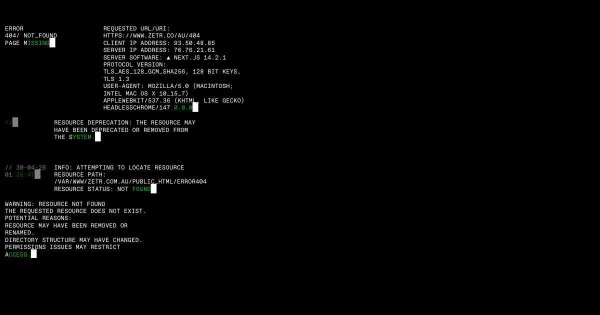 Screenshot della pagina 404 di ZETR