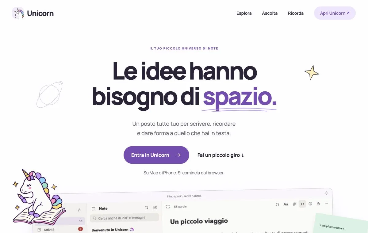 La landing di Unicorn, app per note Markdown